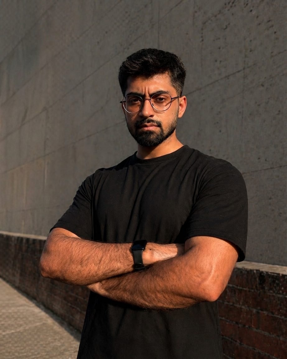 Hamdan Baig, online fitness coach, arms folded, in a black T-shirt